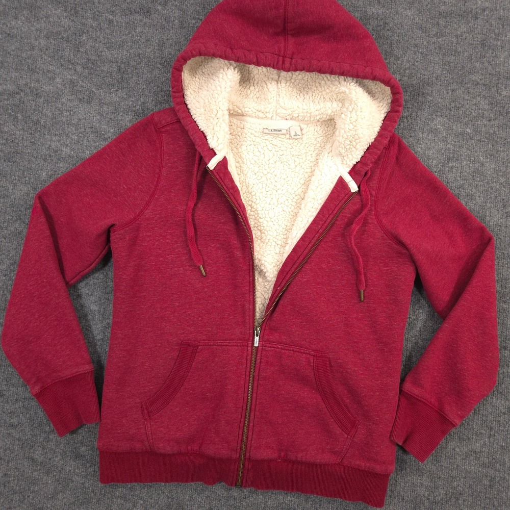 LL Bean Sherpa Lined Full Zip Hoodie Womens Small Burgundy Fleece Heavyweight